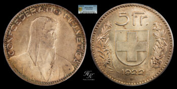 5 Francs / Franken 1922 B PCGS MS64 Switzerland