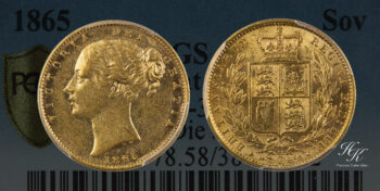 1865 Shield Sovereign PCGS AU58 Great Britain