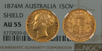 Sovereign 1874 Melbourne “Shield” NGC AU55 Australia