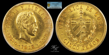 5 Pesos 1915 José Martí PCGS MS62 Cuba