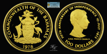 100 Dollars 1978 “5th Anniversary of Independence-Prince Charles” PCGS PR66DCAM Bahamas