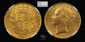 Gold sovereign 1869 “Victoria – Shield” NGC UNC Details Great Britain