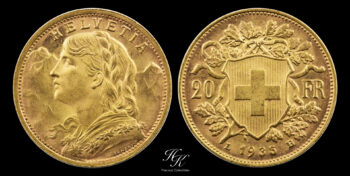 20 Francs 1935 B “Vreneli” UNCIRCULATED Switzerland