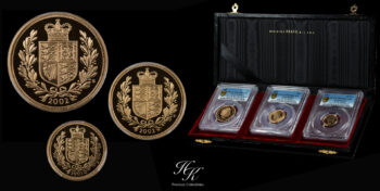 Gold proof sovereign set (3 COIN SET) 2002 “Elizabeth – Shield special design” PCGS PR70 DEEP CAMEO Great Britain