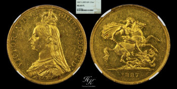 5 Pounds gold quintuple sovereign 1887 NGC MS60 PROOF LIKE Great Britain