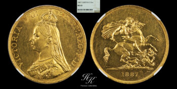 Gold 5 Pounds (quintuple sovereign) 1887 “Victoria” NGC MS63 Great Britain