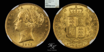 Gold sovereign 1853 WW Raised “Victoria – Shield” NGC MS63 Great Britain