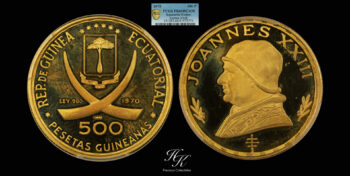 Gold 500 pesetas guineanas PCGS PR66 DEEP CAMEO “Pope Joannes XIII” Guinea