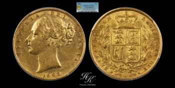 Gold Sovereign 1862 ” Shield – Victoria ” PCGS AU53 R/E IN BRIT Great Britain