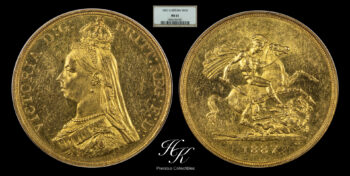 Gold 5 Pounds (quintuple sovereign) 1887 “Victoria” NGC MS61 Great Britain