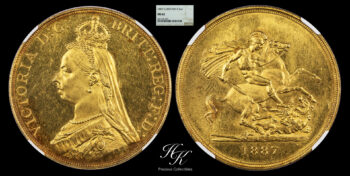 Gold 5 Pounds (quintuple sovereign) 1887 “Victoria” NGC MS62 Great Britain