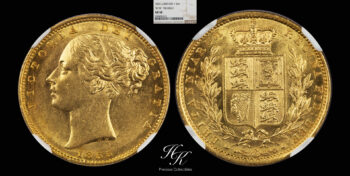Gold sovereign 1855  “VICTORIA – SHIELD” NGC AU58 Great Britain