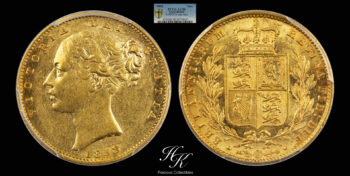 Gold sovereign Shield 1858 VERY RARE “Victoria” PCGS AU58 Great Britain