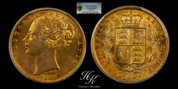 Gold sovereign Shield 1859 RARE “Victoria” PCGS AU58 Great Britain