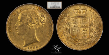 Gold sovereign Shield 1866 “Victoria” PCGS AU58 “DOURO TREASURE “Great Britain