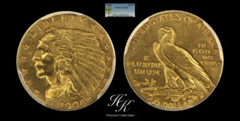 Gold 2 1/2 Dollars 1908 Indian Head PCGS AU55 USA