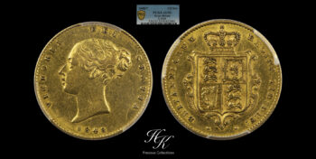 Gold half sovereign 1848/7 overdate R4 rarity PCGS AU53 Great Britain