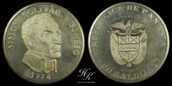 Silver proof 20 Balboas ” Simon Bolivar “1974 Panama