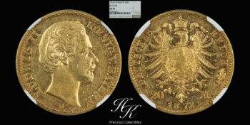 Gold 20 Mark “Ludwig II” Kingdom of Bavaria 1872 D NGC AU 55 Germany