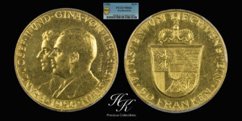 Gold 50 Franken ” Franz Josef II Franz Josef II and Princess Gina ” PCGS MS62 Liechtenstein