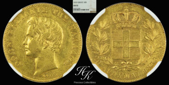 Gold 20 drachmai 1833 King Othon NGC AU55 “OTTO” Greece