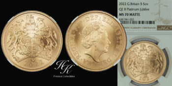 Gold BU QUINTUPLE Sovereign (5 POUNDS) 2022 NGC MS70  PLATINUM JUBILEEGreat Britain