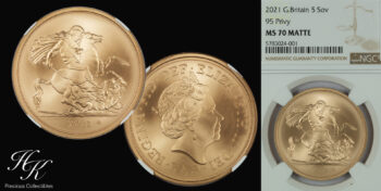 Gold 5 Pounds 2021 MATTE quintuple sovereign “Elizabeth – 95 Privy”  NGC MS70 Great Britain