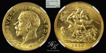 Gold sovereign George V 1930 Melbourne NGC AU58 Australia