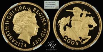 Gold Double Proof Sovereign (2 pounds) 2005 NGC PF70 ULTRA CAMEO “Elizabeth” Great Britain