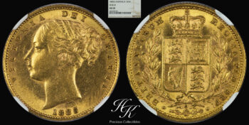 Gold shield sovereign 1885 Sydney “VICTORIA” NGC AU58 Australia