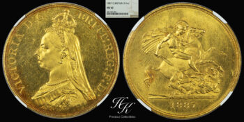 Gold 5 Pounds (quintuple sovereign) 1887 “Victoria” NGC MS62 Great Britain