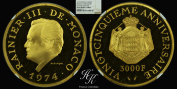 Gold 3000 Francs 1974 – 25th Anniversary – Regency of Rainier III – NGC PF66 Ultra Cameo Monaco