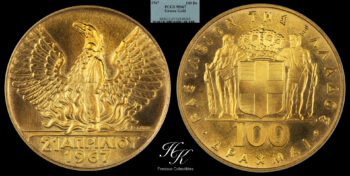 Gold 100 drachmai 1967 (1970) PCGS MS67 Greece