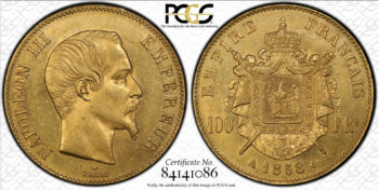 Gold 100 francs 1858A “Napoleon III” PCGS AU58 France